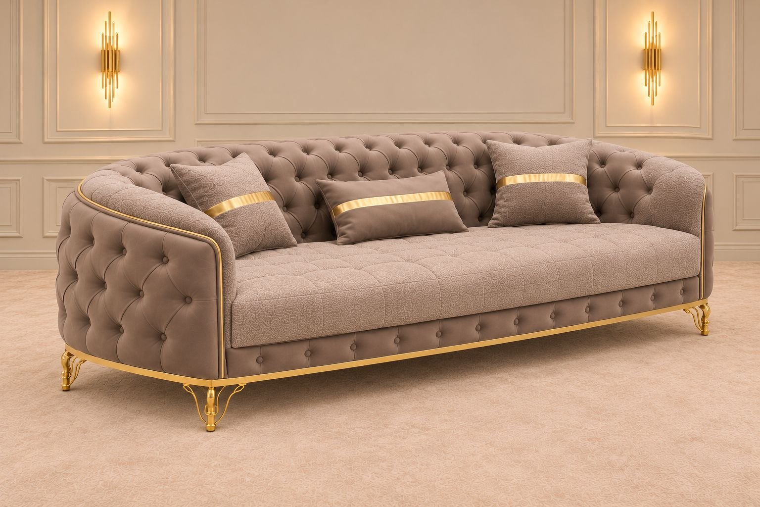 A taupe tufted sofa with gold trim and textured cushions against a cream panelled wall