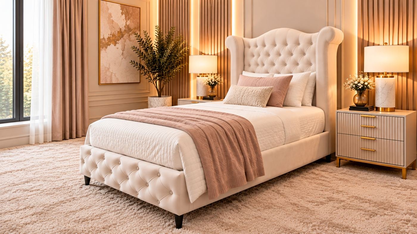 Cream button-tufted wingback Turkish single storage bed with blush bedding, 90 x 200 cm - Home Centre Green, Hamilton ON