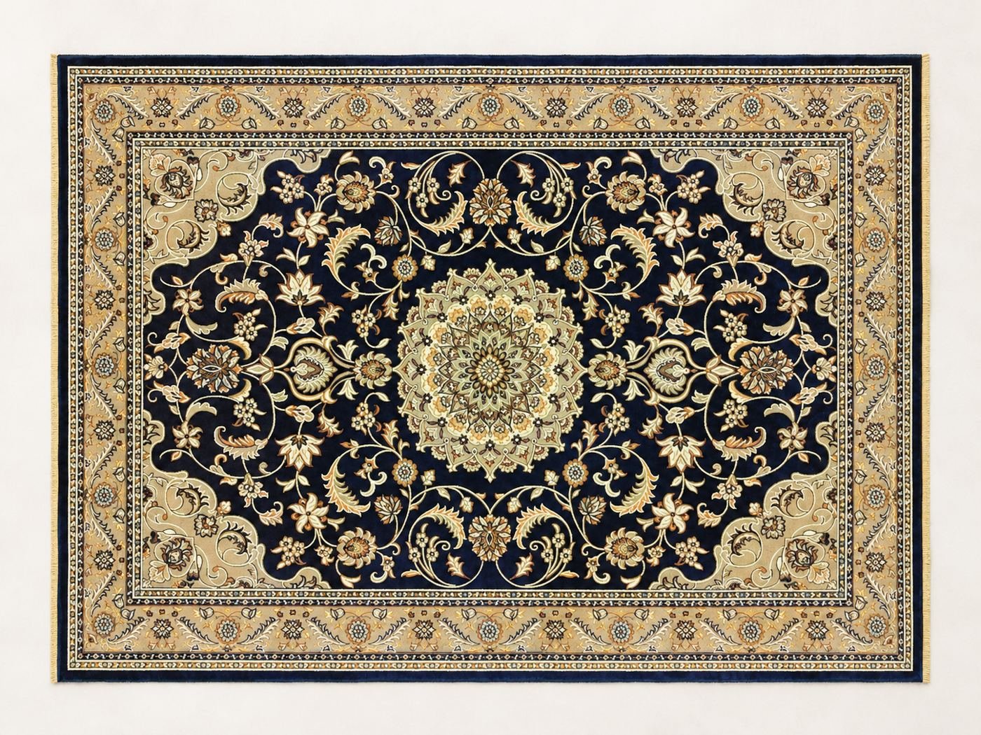 Navy Turkish carpet with gold medallion and beige border, 200 x 300 cm - Home Centre Green, Hamilton ON