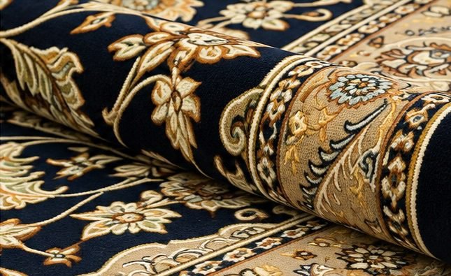Close-up of the low 1 cm pile and gold floral embroidery on the navy Turkish rug