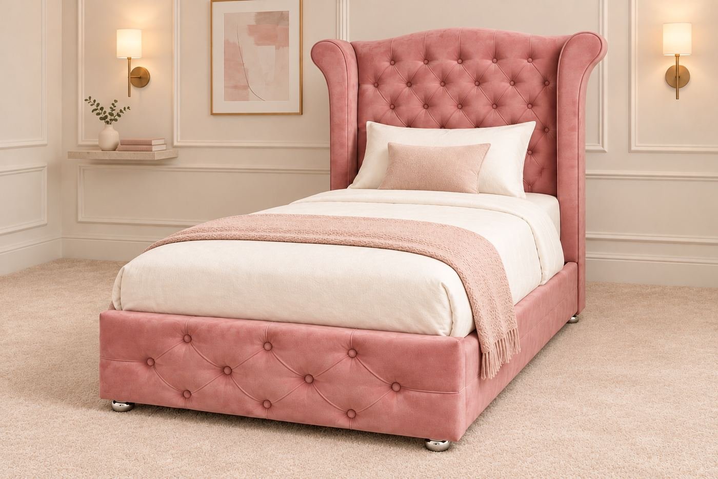 Dusty pink tufted wingback Turkish storage bed, 120 x 200 cm, in a bright bedroom - Home Centre Green, Hamilton ON