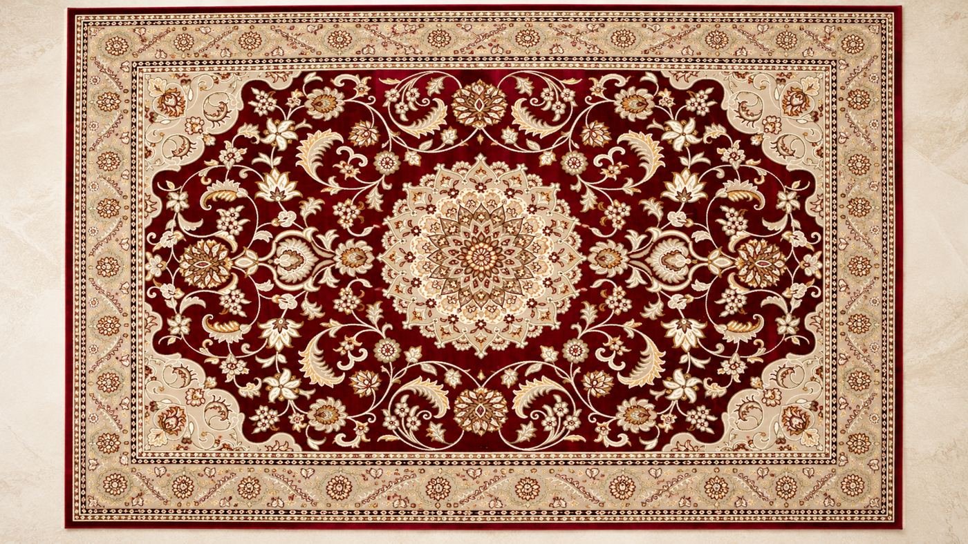 Large red Turkish carpet with cream medallion and gold border, 250 x 350 cm - Home Centre Green, Hamilton ON