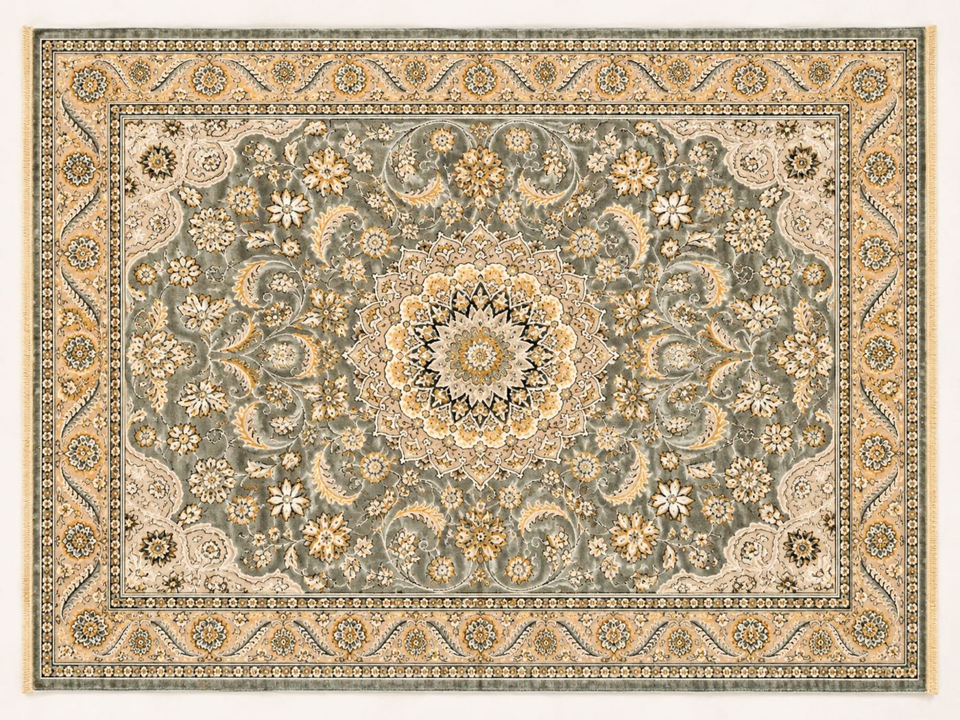 Extra-large sage green Turkish carpet with gold medallion and beige border, 400 x 500 cm - Home Centre Green, Hamilton ON