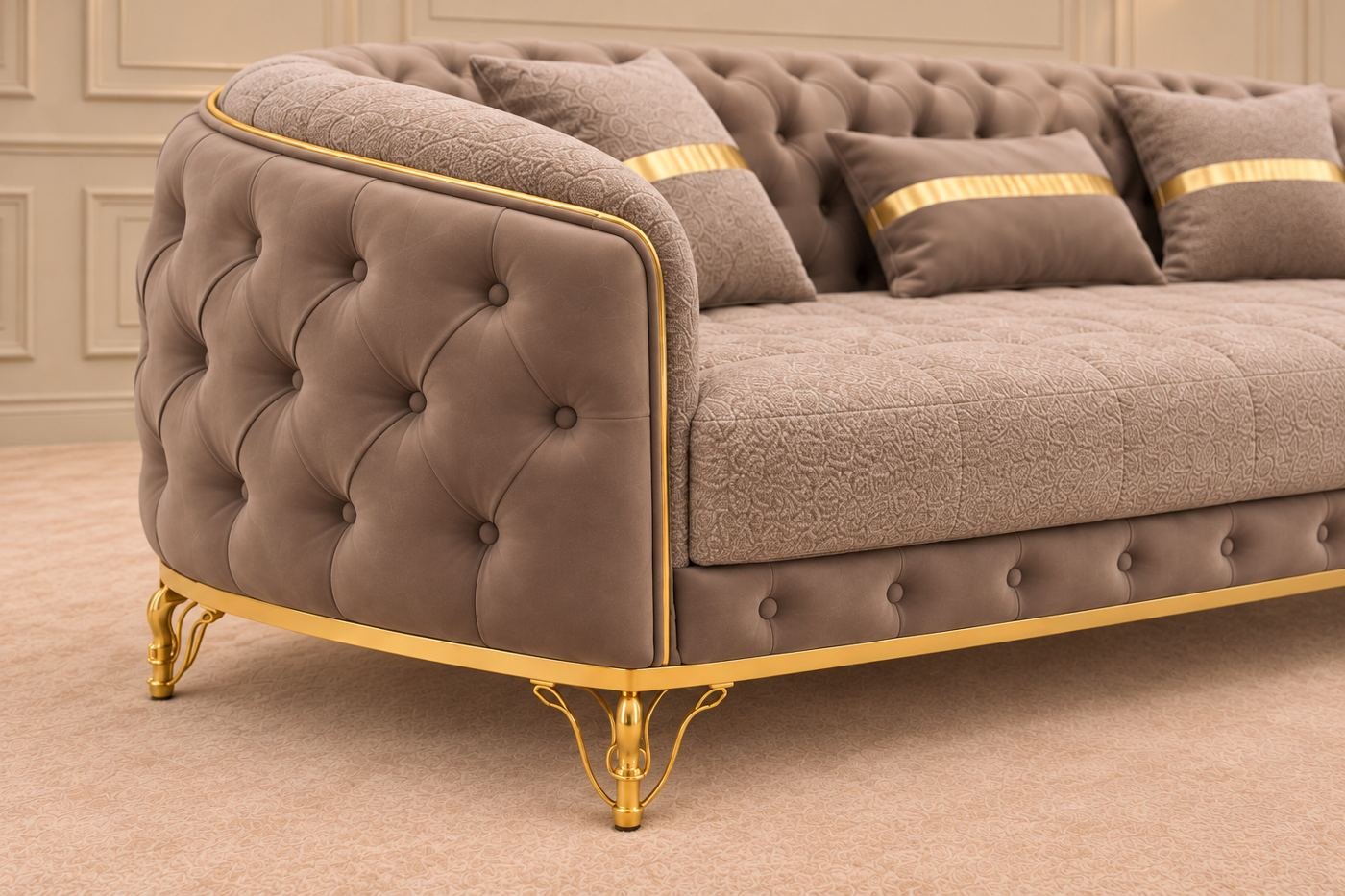 Close-up of deep button tufting and the textured seat on a taupe Turkish sofa