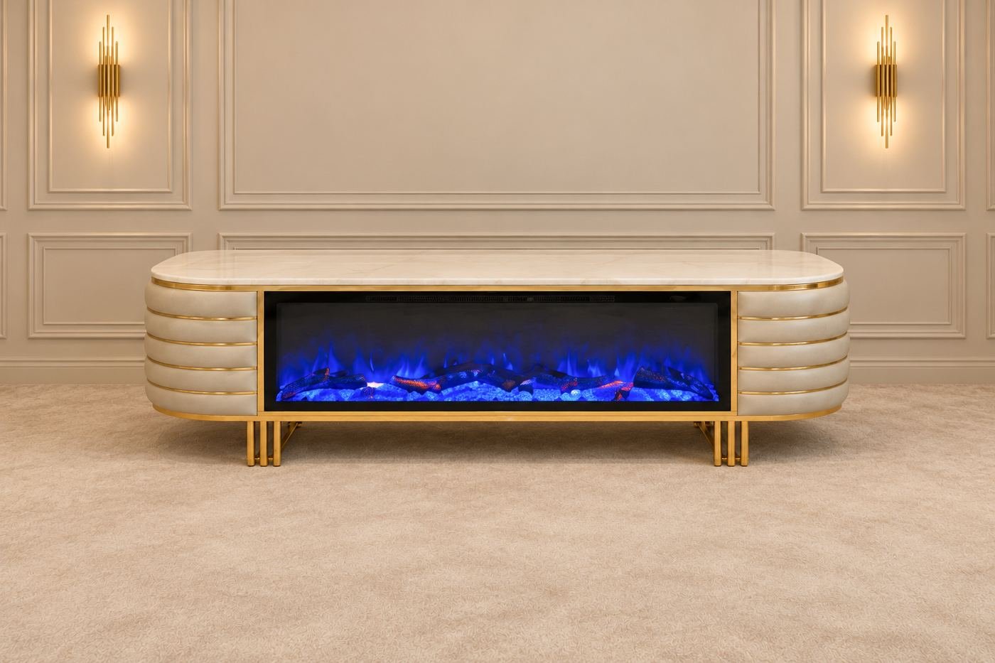 Front view of a cream Turkish TV stand with a built-in electric fireplace and blue flame effect