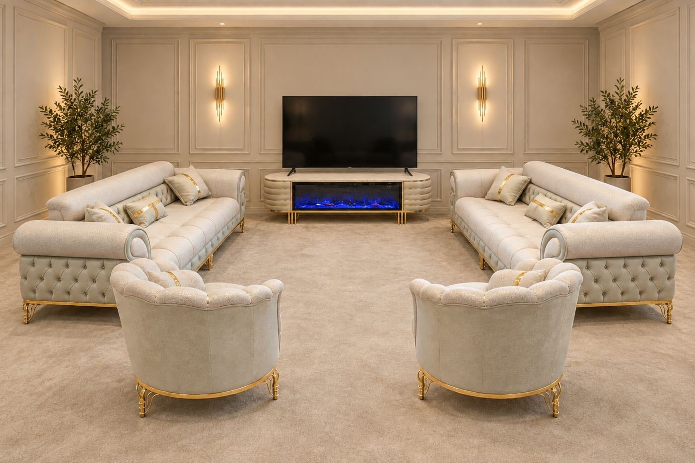 Cream electric fireplace TV stand with gold legs under a wall-mounted TV in a styled living room
