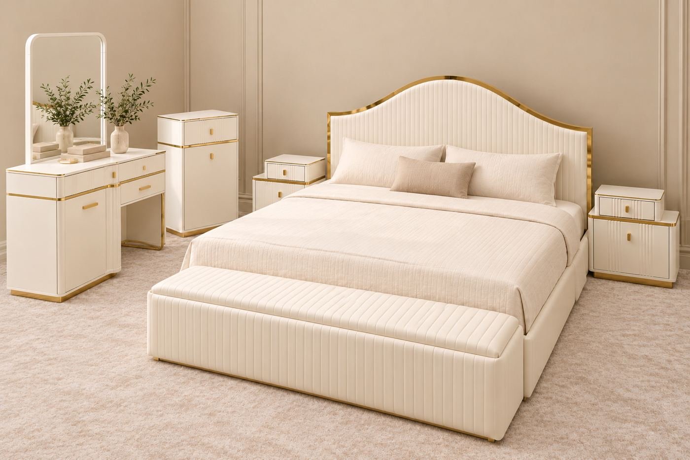 White Turkish queen storage bed with an arched channel-tufted headboard, seen from the side with matching nightstands