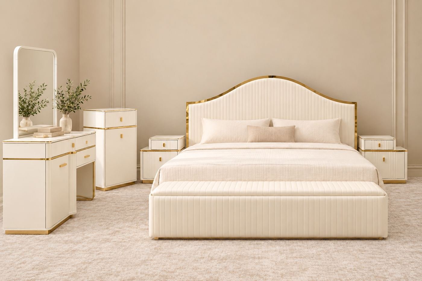 White Turkish queen storage bed with arched channel-tufted headboard and gold trim, with matching vanity and nightstands - Home Centre Green, Hamilton ON