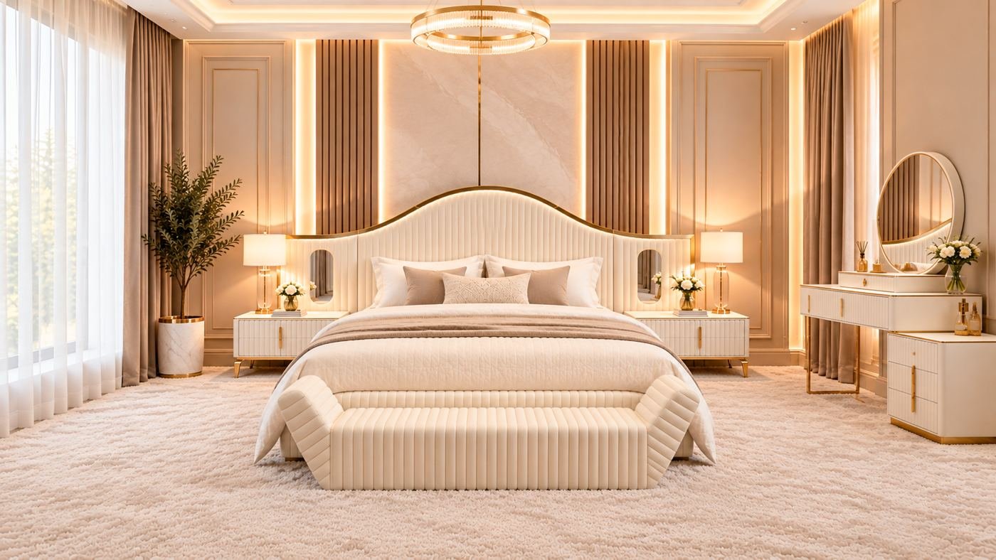 Soft yellow Turkish queen storage bed with curved channel-tufted headboard, gold edging and matching bench in a warm bedroom - Home Centre Green, Hamilton ON