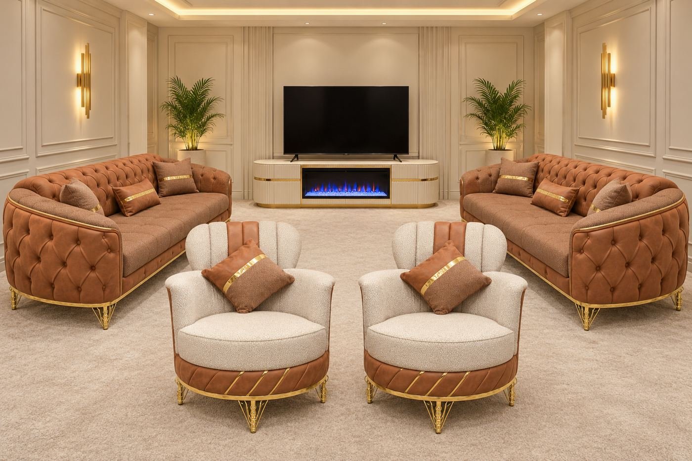 Turkish sofa set and fireplace TV stand styled in a living room - free design consultation in Hamilton